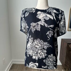 Vintage Silk Linda Allard Ellen Tracy Navy and White Floral Button Back Blouse